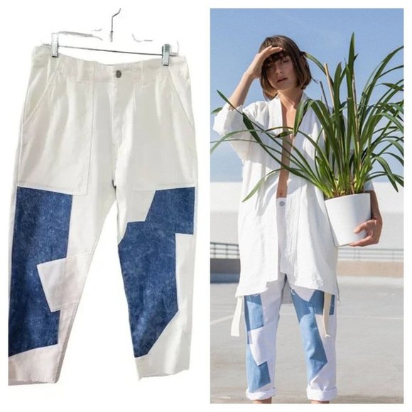 SALE Free People x Sandrine Rose Jeans Pants Denim White Patchwork Ankle Sz 28 - Picture 1 of 8